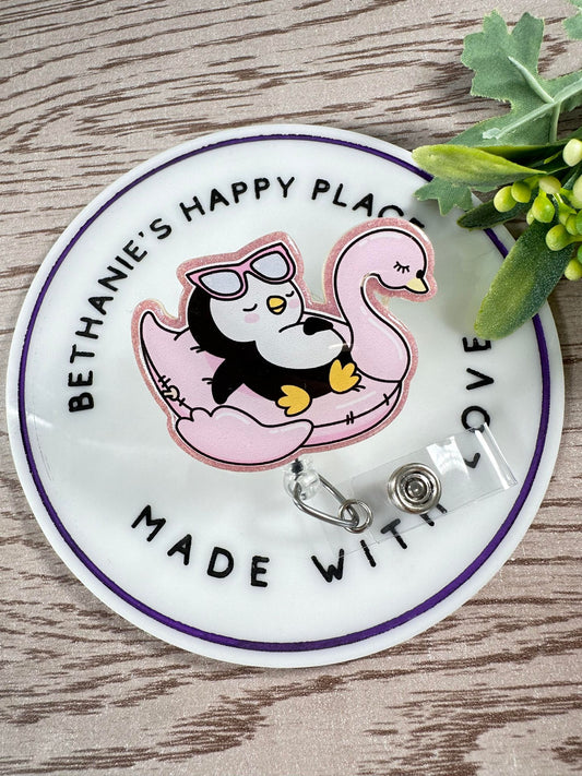 Summer penguin retractable badge reel, flamingo float penguin, summer ID holder, medical badge reel, pediatrics badge clip, nurse ID holder