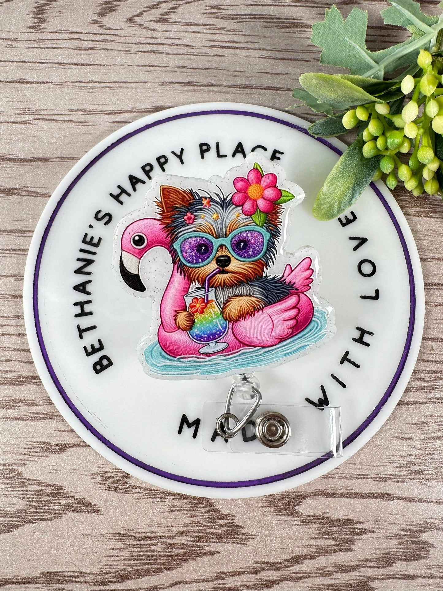 Summer Yorkie retractable badge reel, flamingo float badge holder, Yorkie gifts, nurse ID holder, key card holder, gift for nurse, acrylic