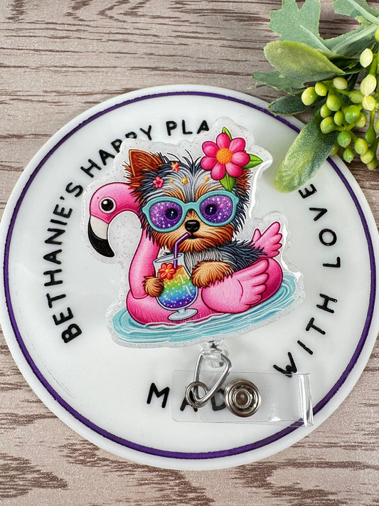 Summer Yorkie retractable badge reel, flamingo float badge holder, Yorkie gifts, nurse ID holder, key card holder, gift for nurse, acrylic