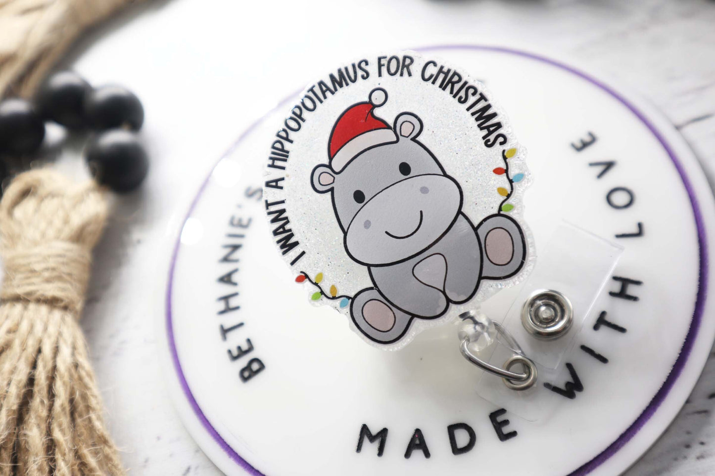 Christmas hippo badge reel