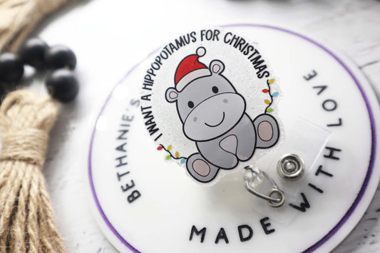 Christmas hippo badge reel