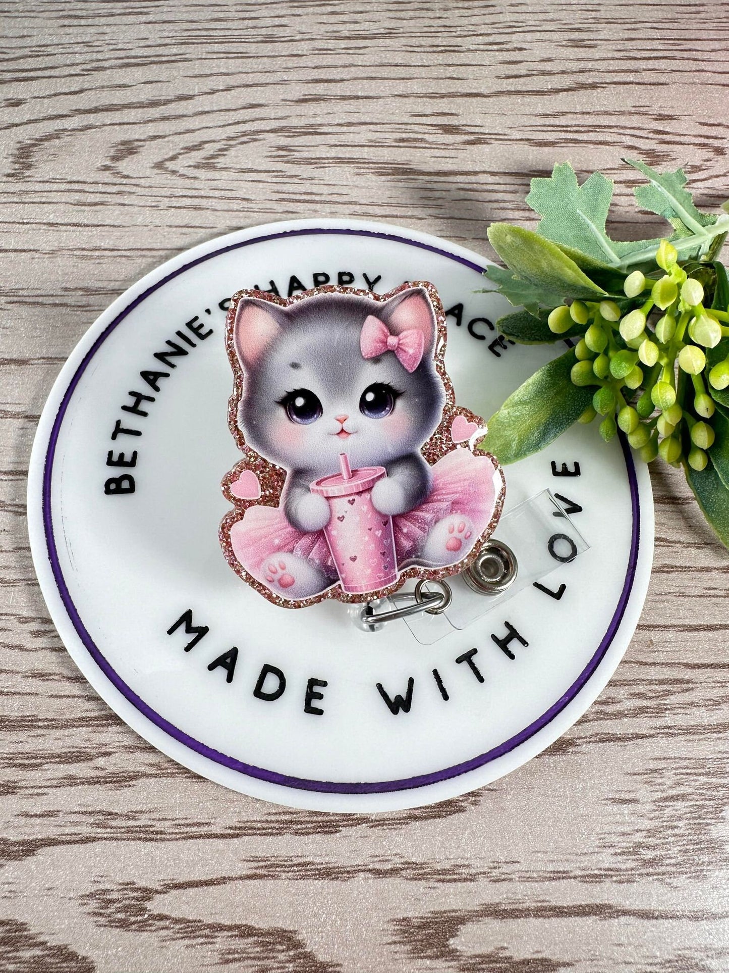 Kitty in tutu retractable badge reel