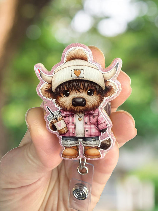 Cute highland cow retractable badge reel