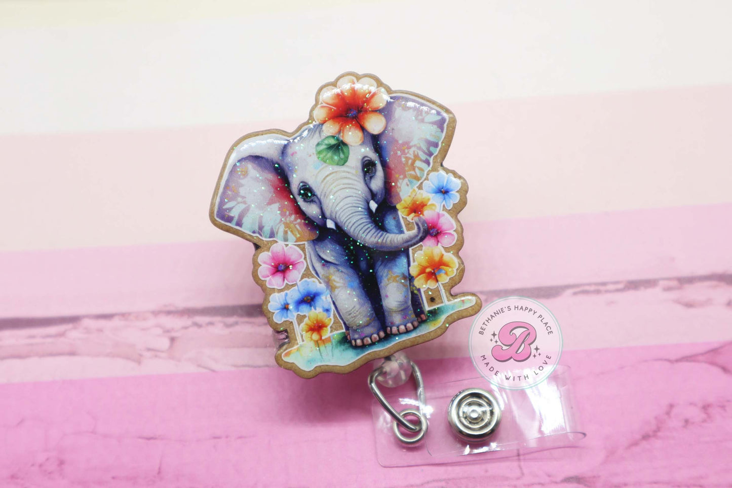 Floral elephant badge reel