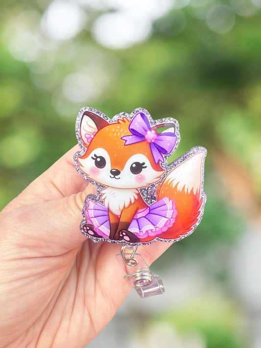 Fox in purple tutu retractable badge reel