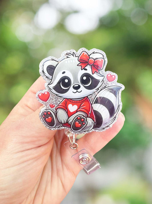 Valentine's Day raccoon retractable badge reel