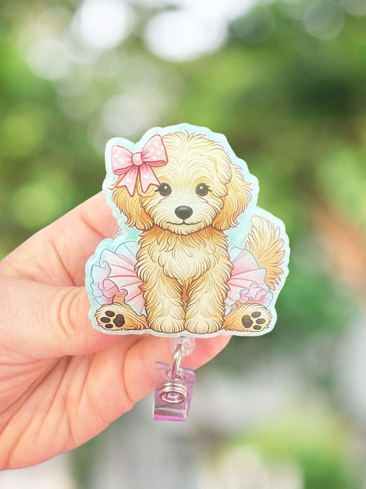 Goldendoodle in tutu retractable badge reel