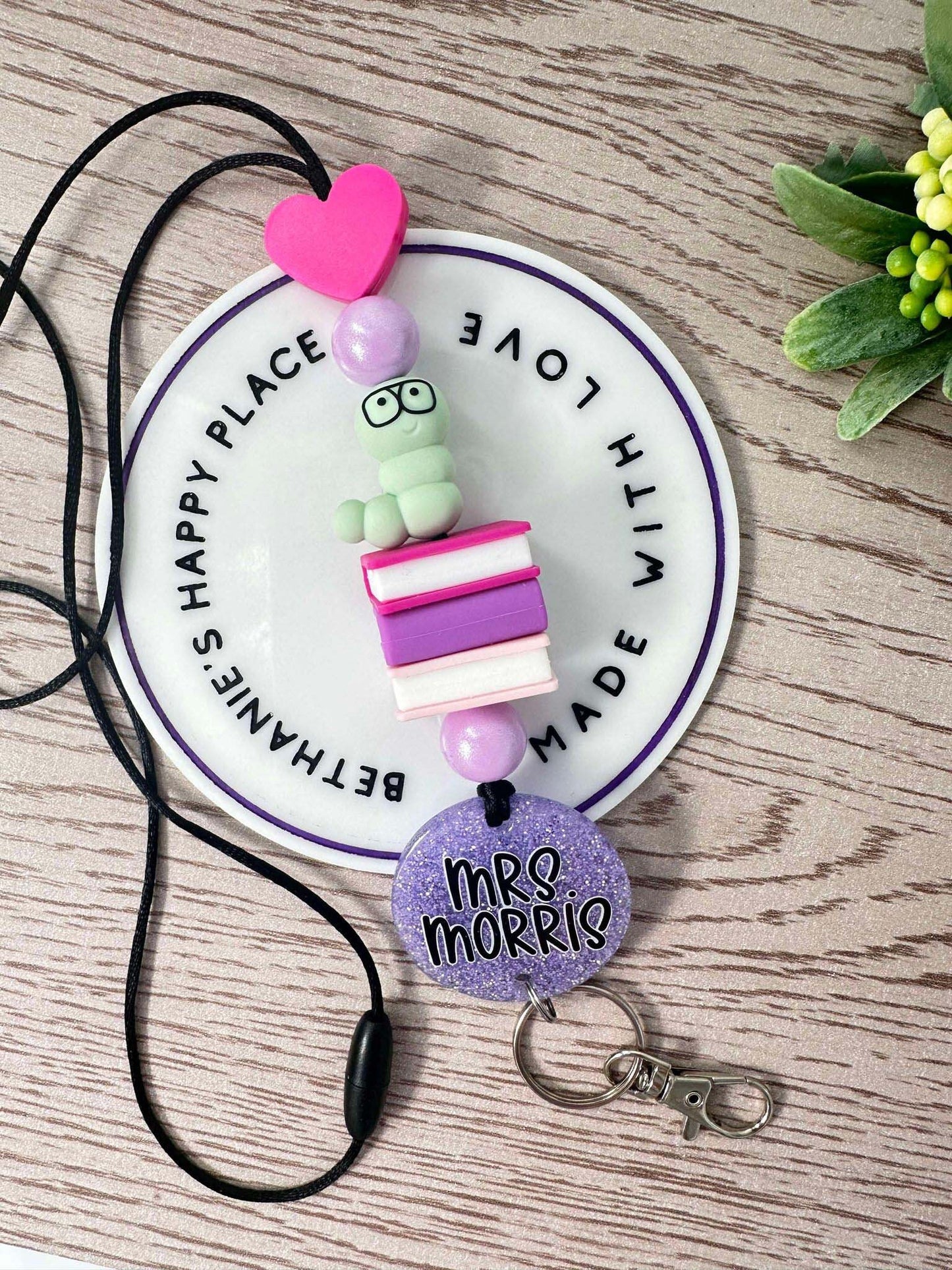 Bookworm teacher beaded lanyard