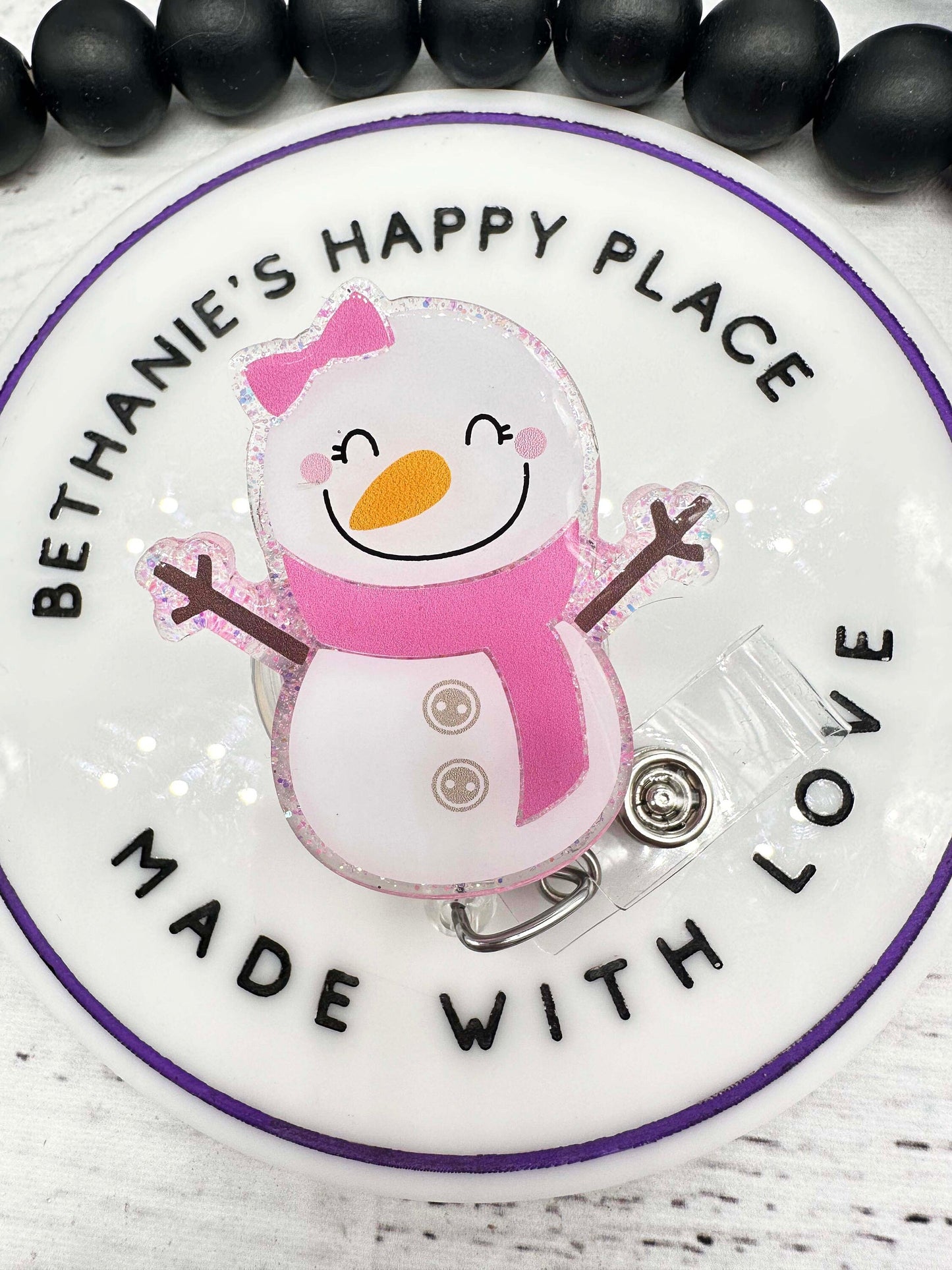 Pink snowgirl retractable badge reel