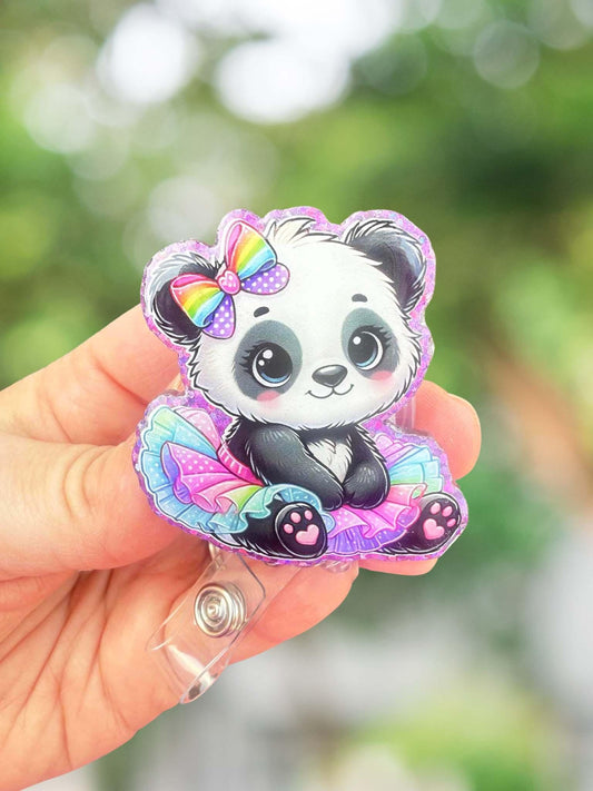 Panda Bear in rainbow tutu badge reel