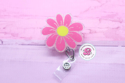 Pink daisy badge reel