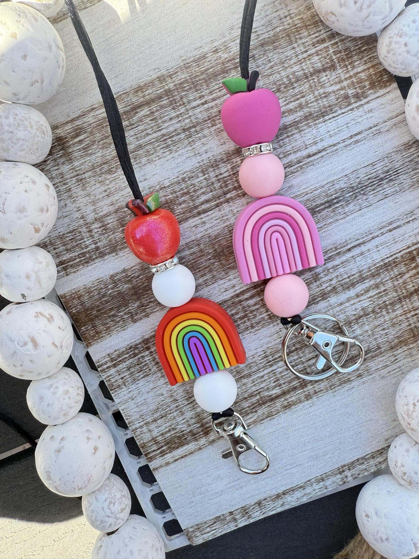 Rainbow apple teacher beaded lanyard