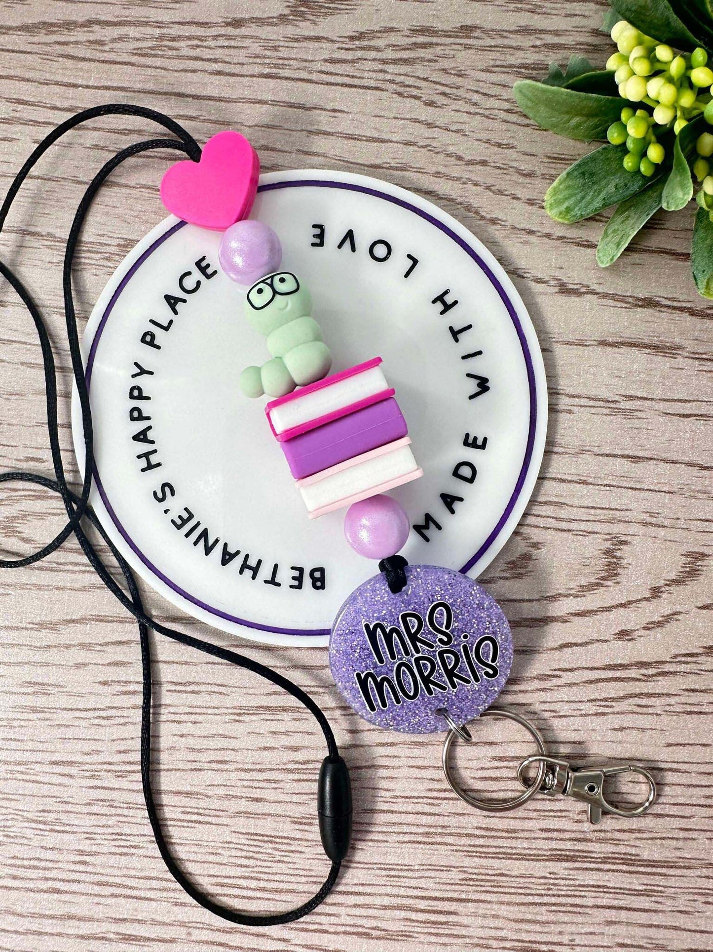 Bookworm teacher beaded lanyard