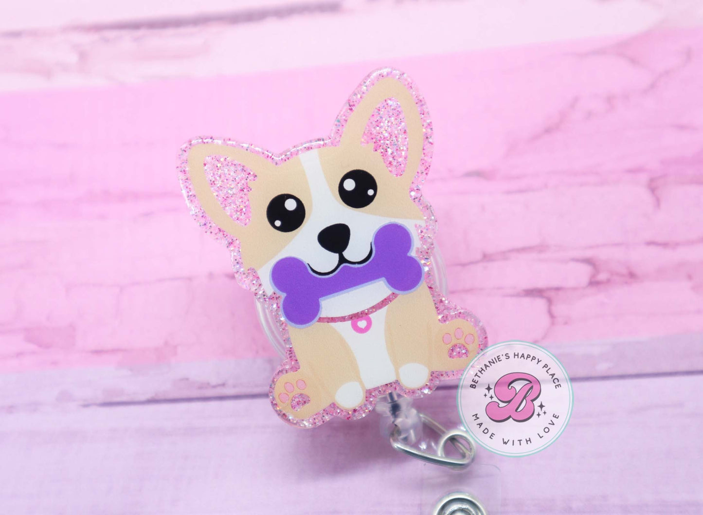 Corgi puppy badge reel