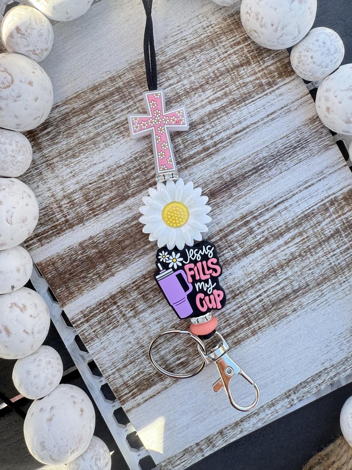 Jesus fills my cup beaded lanyard
