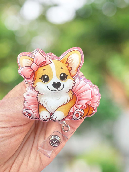 Cute Corgi in pink tutu retractable badge reel
