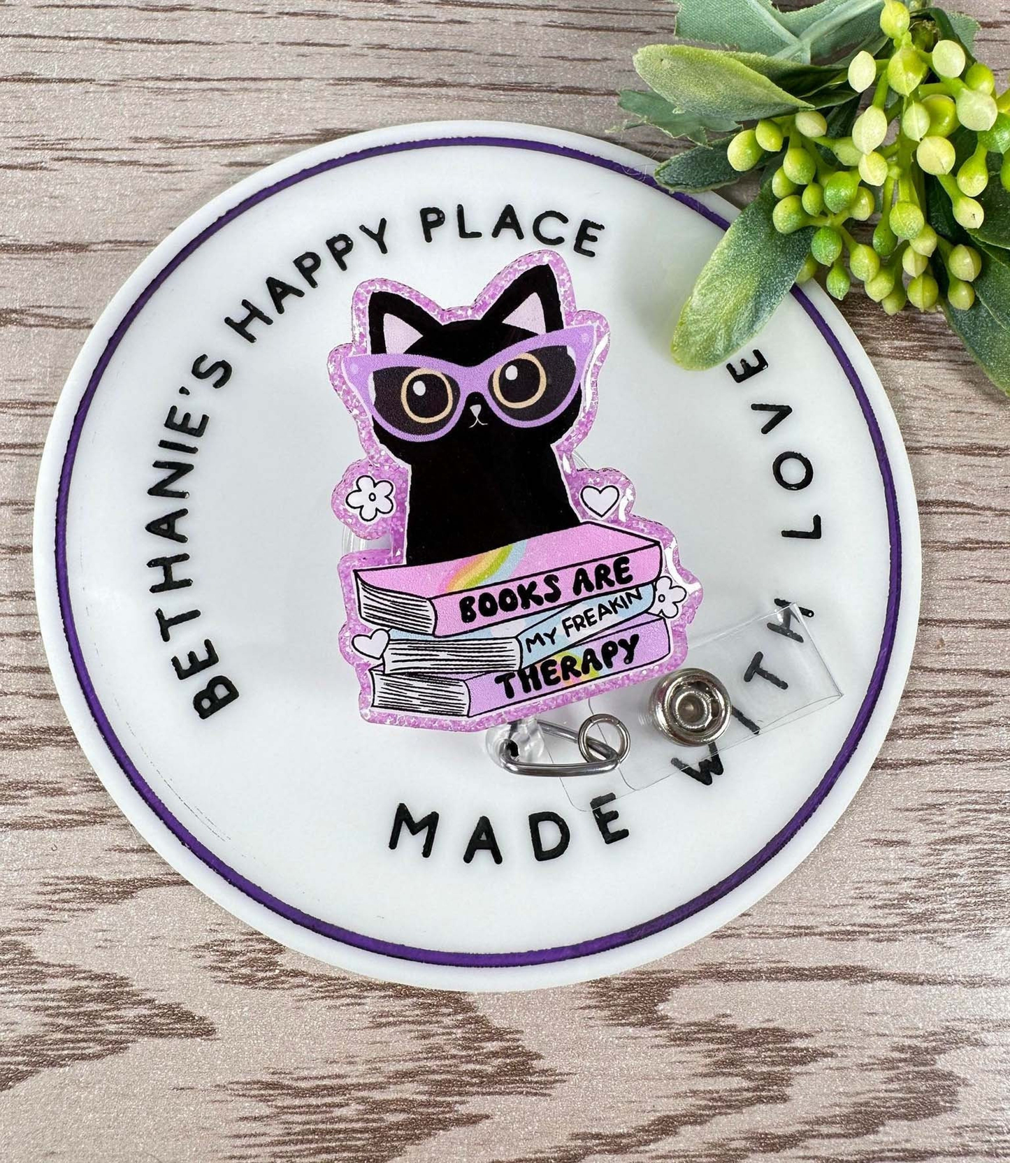 Cat with books retractable badge reel, books are my therapy, black cat badge holder, book gifts, cat gifts, teacher ID holder, teacher gifts