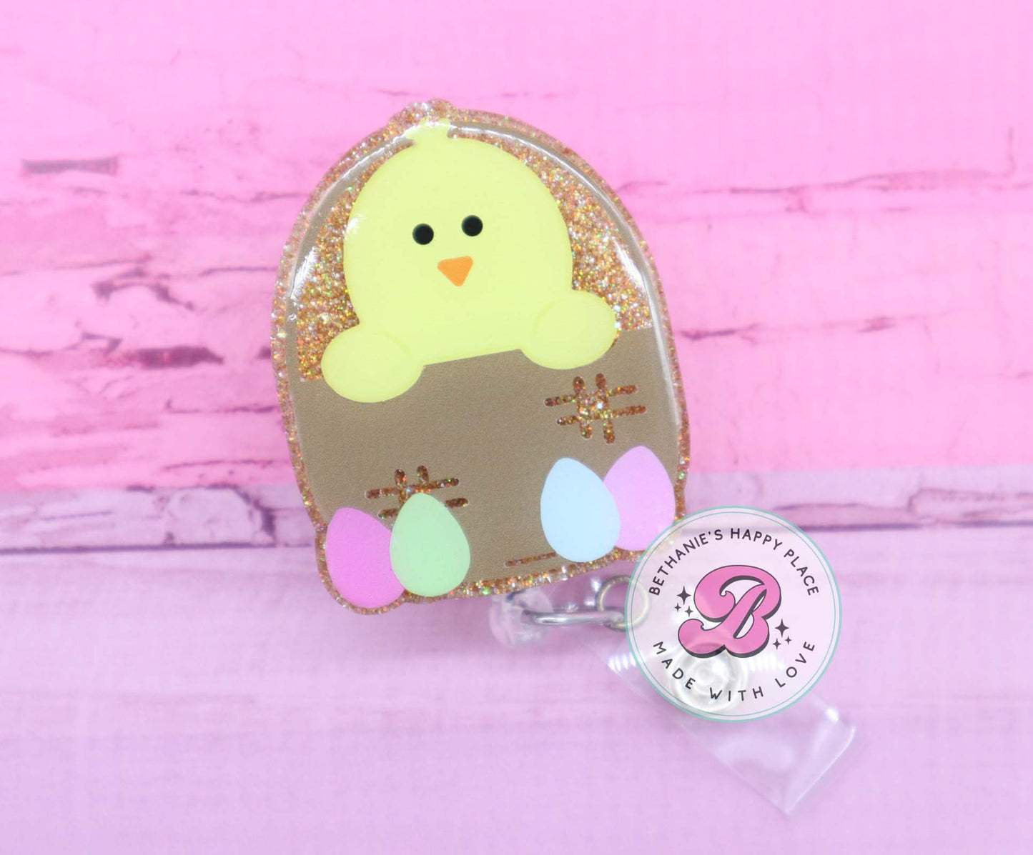 Easter chick in basket badge reel