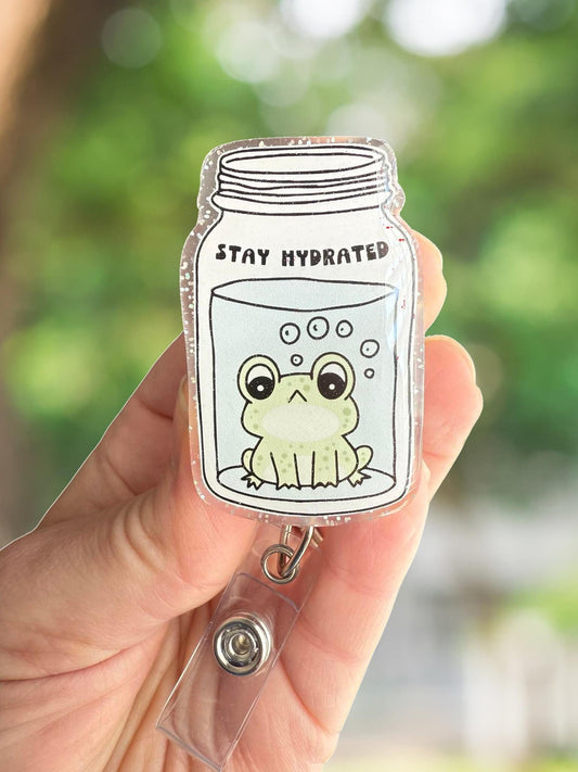Stay hydrated frog retractable badge reel