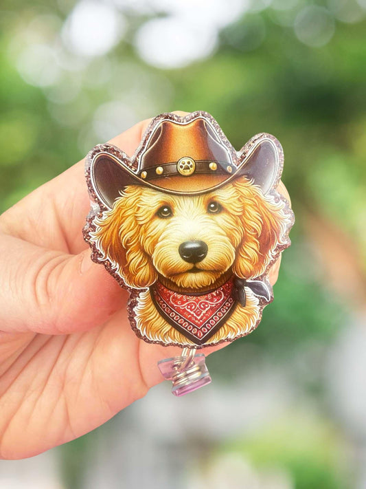 Cowboy Goldendoodle retractable badge reel