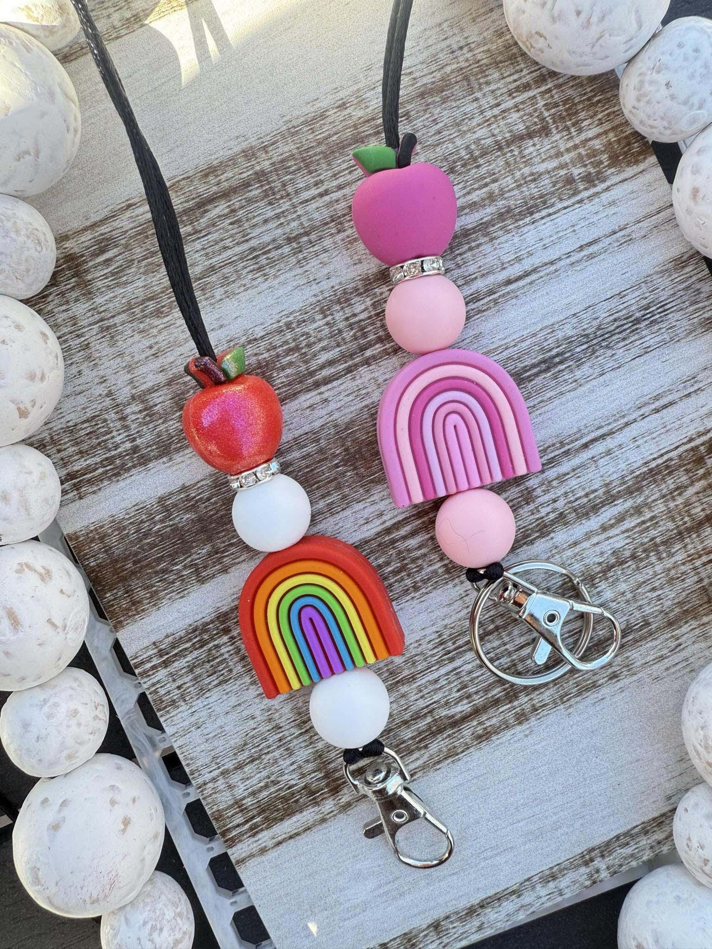 Rainbow apple teacher beaded lanyard