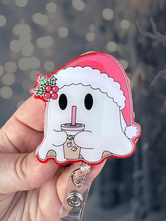 Christmas ghost with coffee retractable badge reel