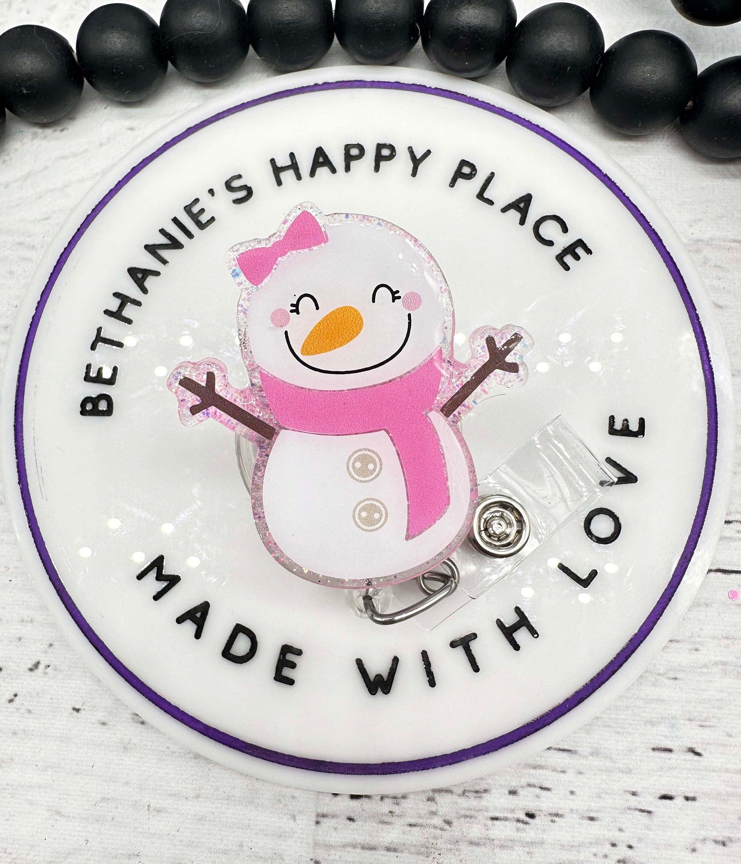 Pink snowgirl retractable badge reel