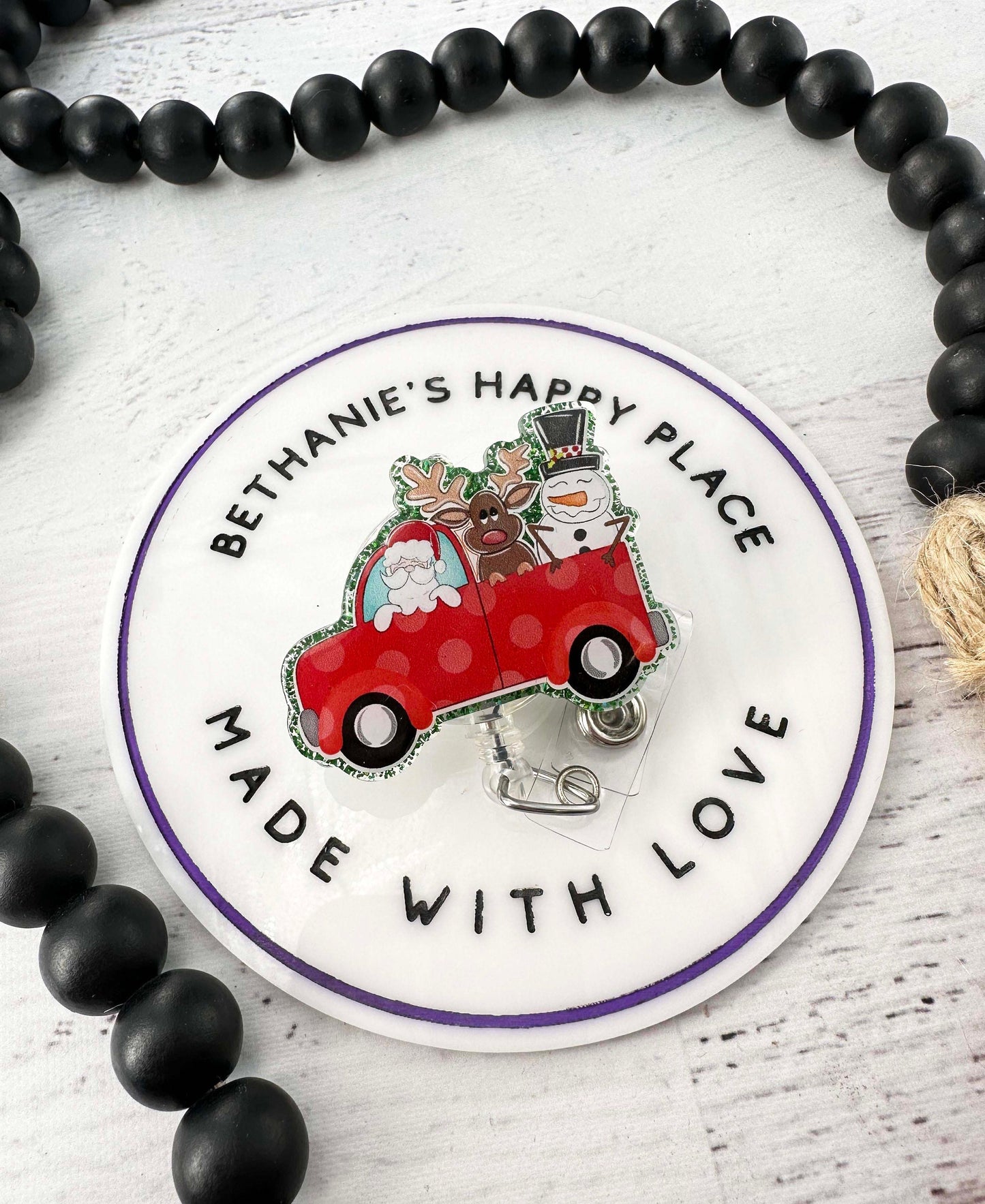 Christmas red truck badge reel