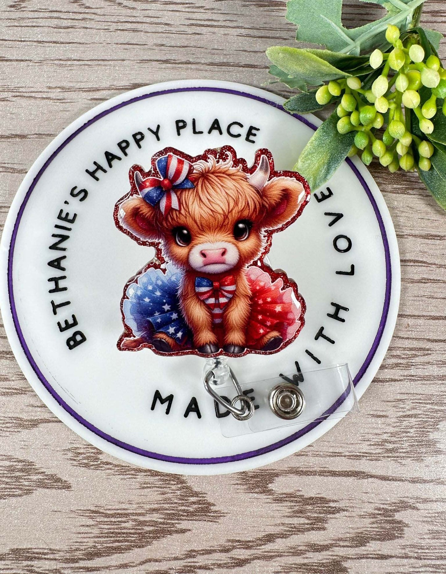 Patriotic highland cow retractable badge reel