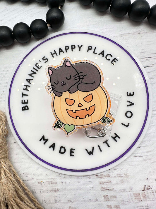 Pumpkin cat Halloween badge reel
