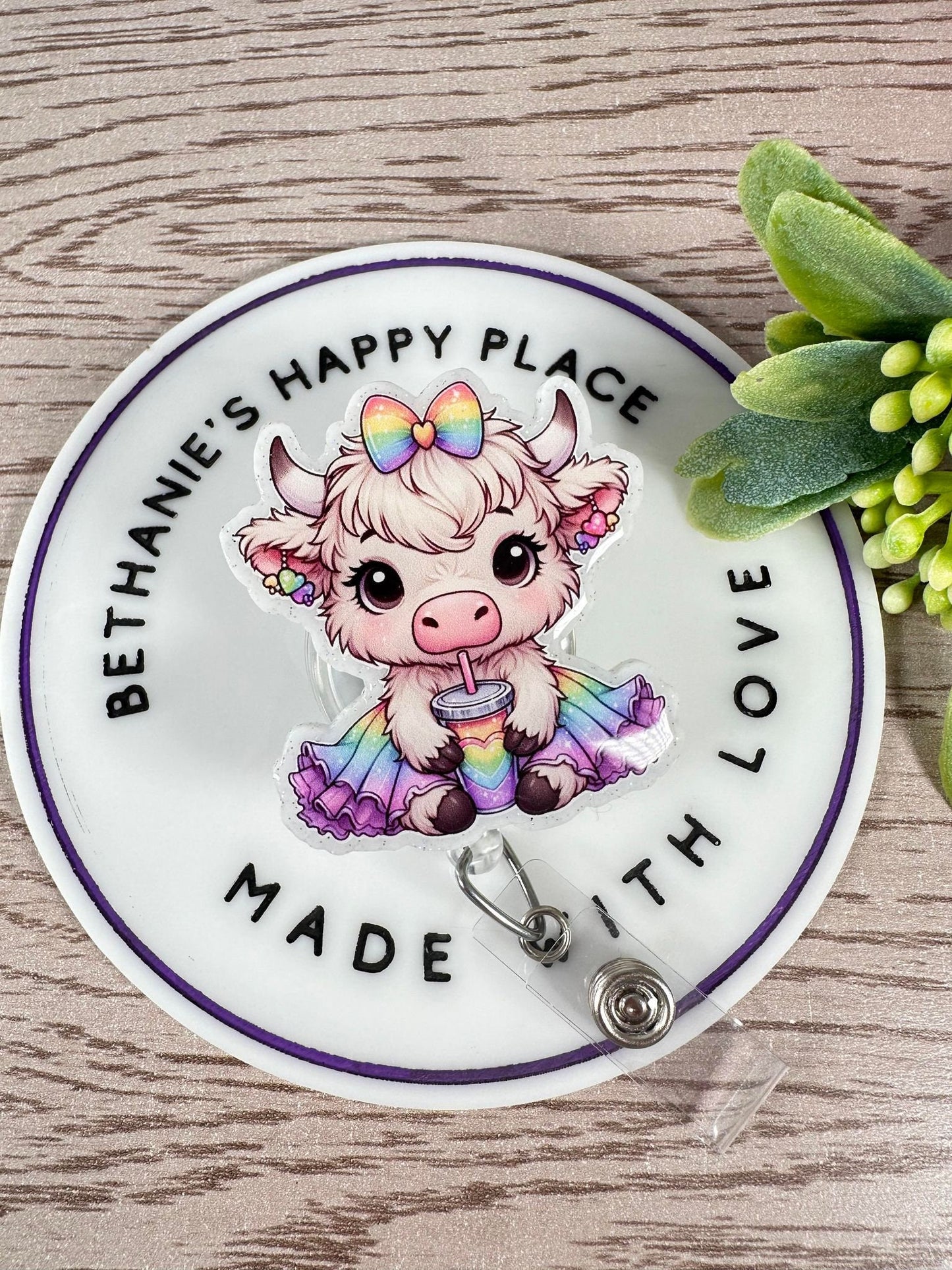 Rainbow tutu cow retractable badge reel