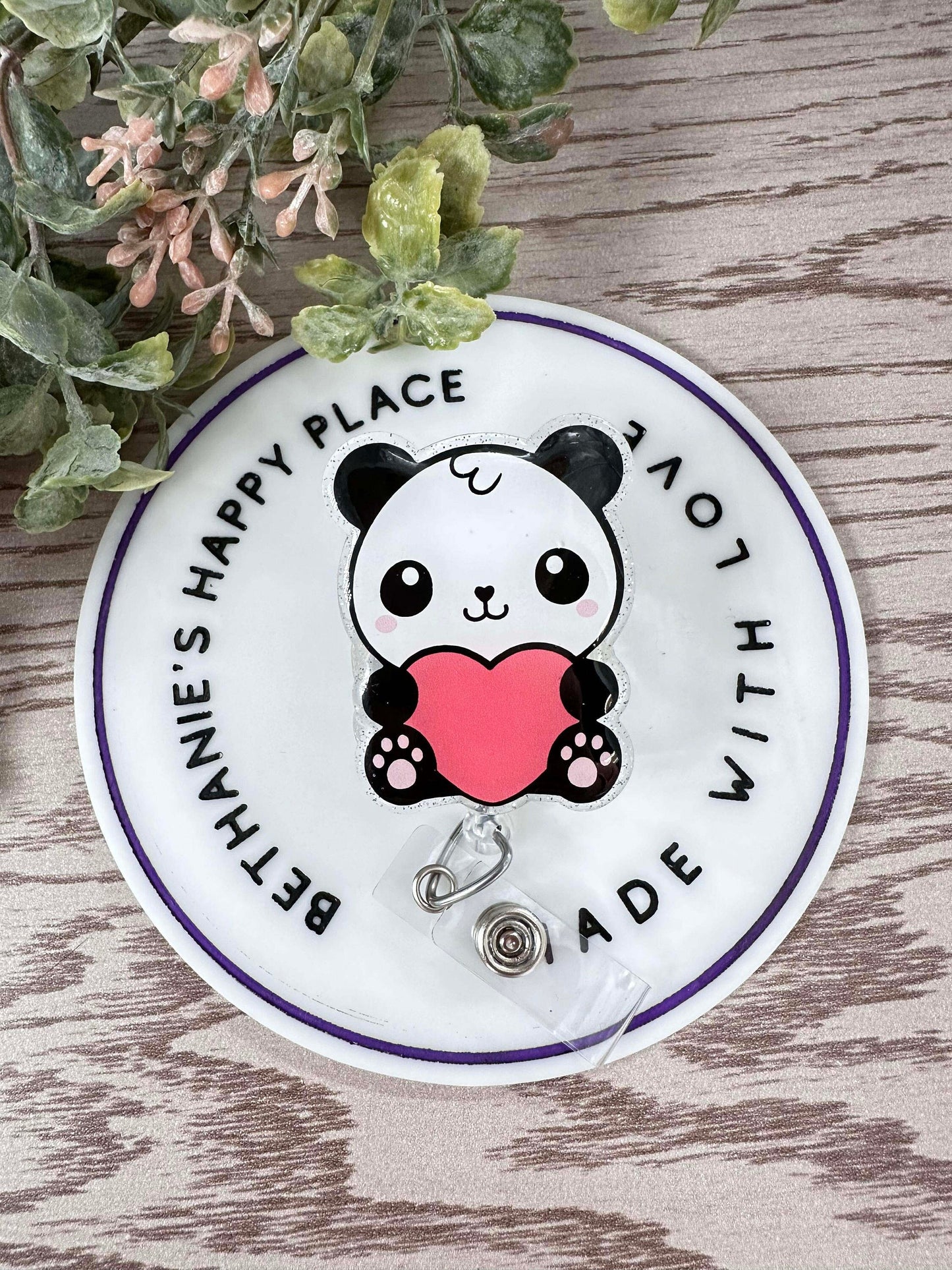 Panda with heart retractable badge reel