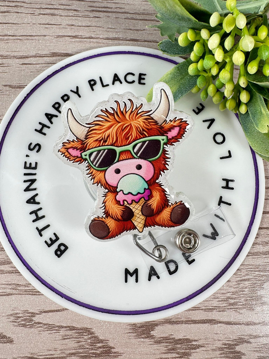 Highland cow retractable badge reel, highland cow gifts, ice cream badge reel, cow ID holder, acrylic nurse badge reel, medical key card