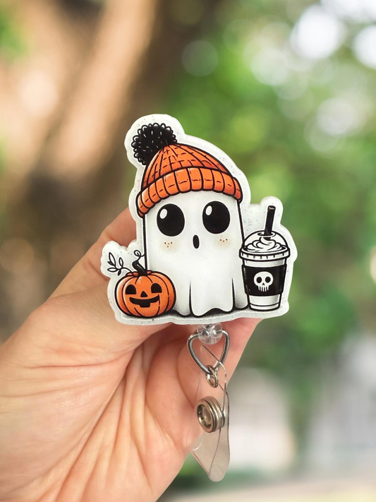 Cute Ghost with Coffee Retractable Badge Reel