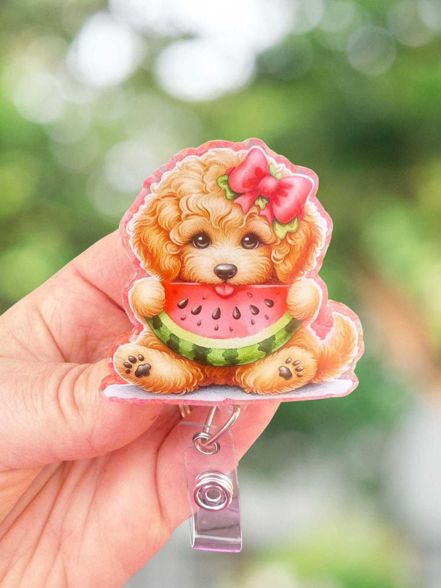 Watermelon doodle puppy badge reel