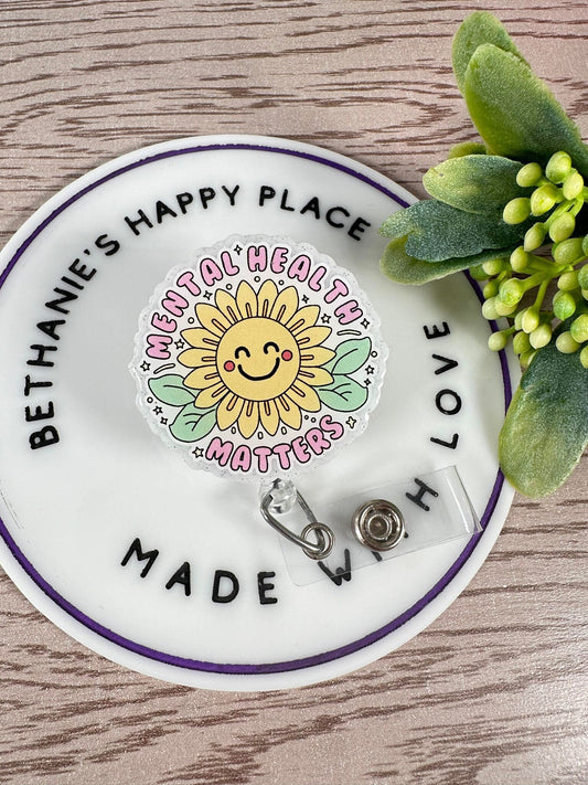 Mental health matters sunflower retractable badge reel