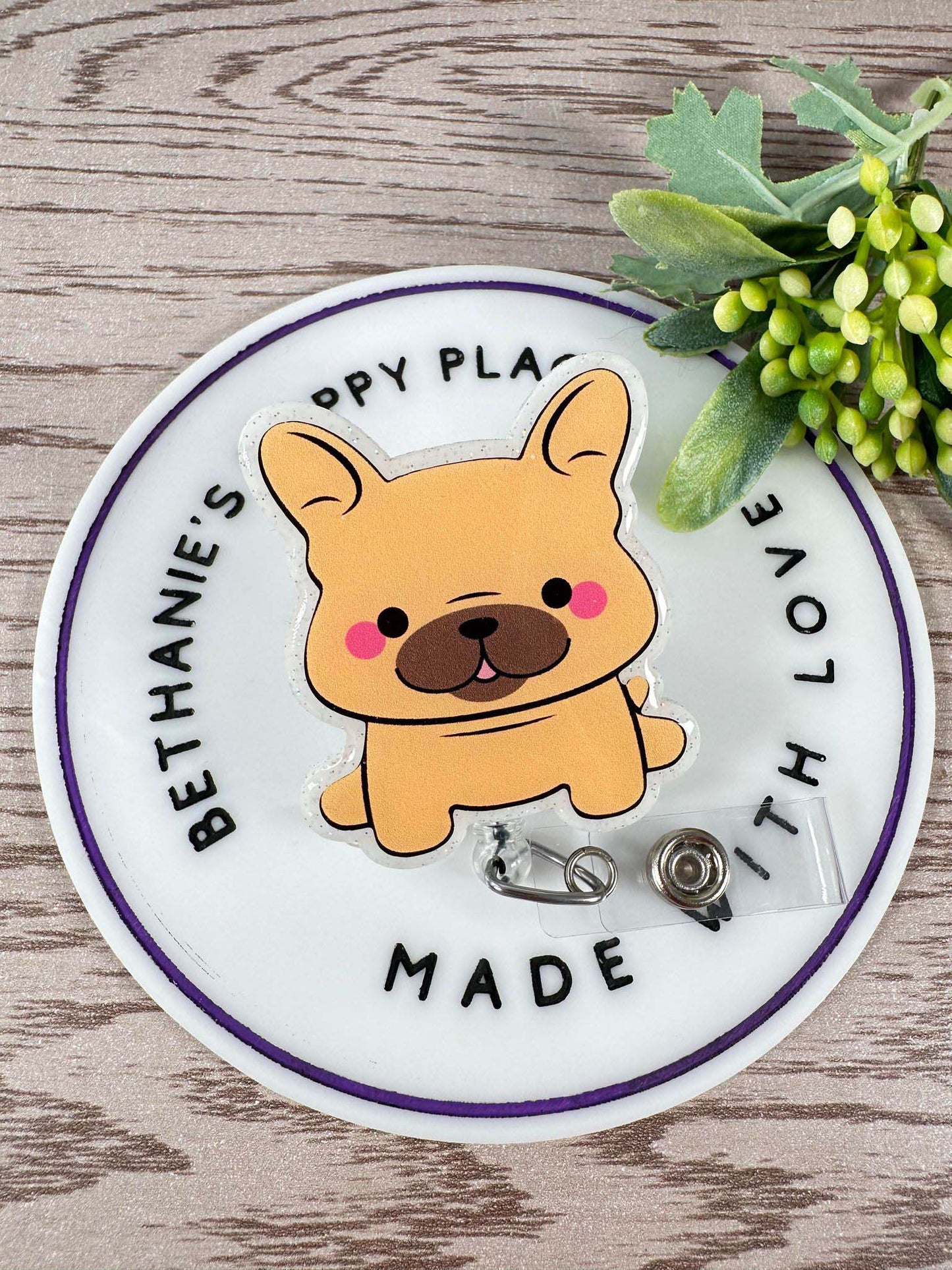 Chubby French Bulldog retractable badge reel, Frenchie gifts, dog ID holder, nurse key card holder, acrylic badge topper, teacher badge clip