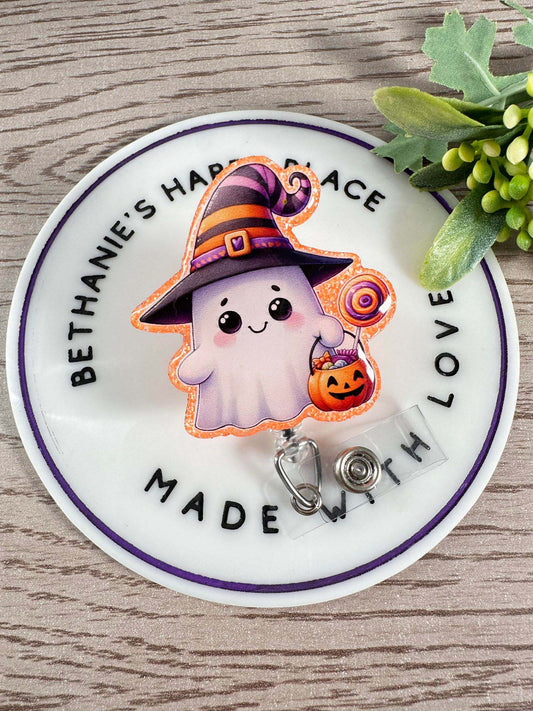 Halloween ghost retractable badge reel, ghost badge clip, Halloween nurse ID holder, holiday retractable lanyard, key card holder