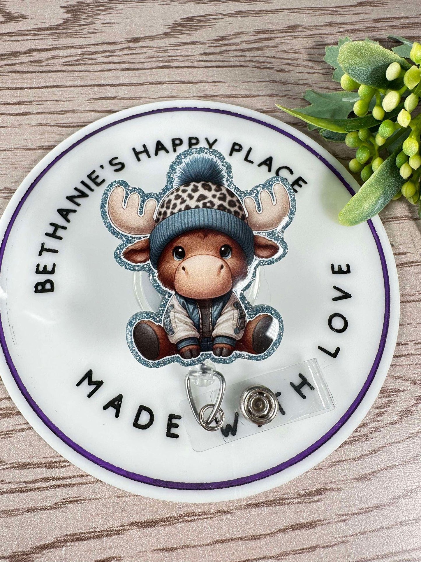 Winter moose retractable badge reel