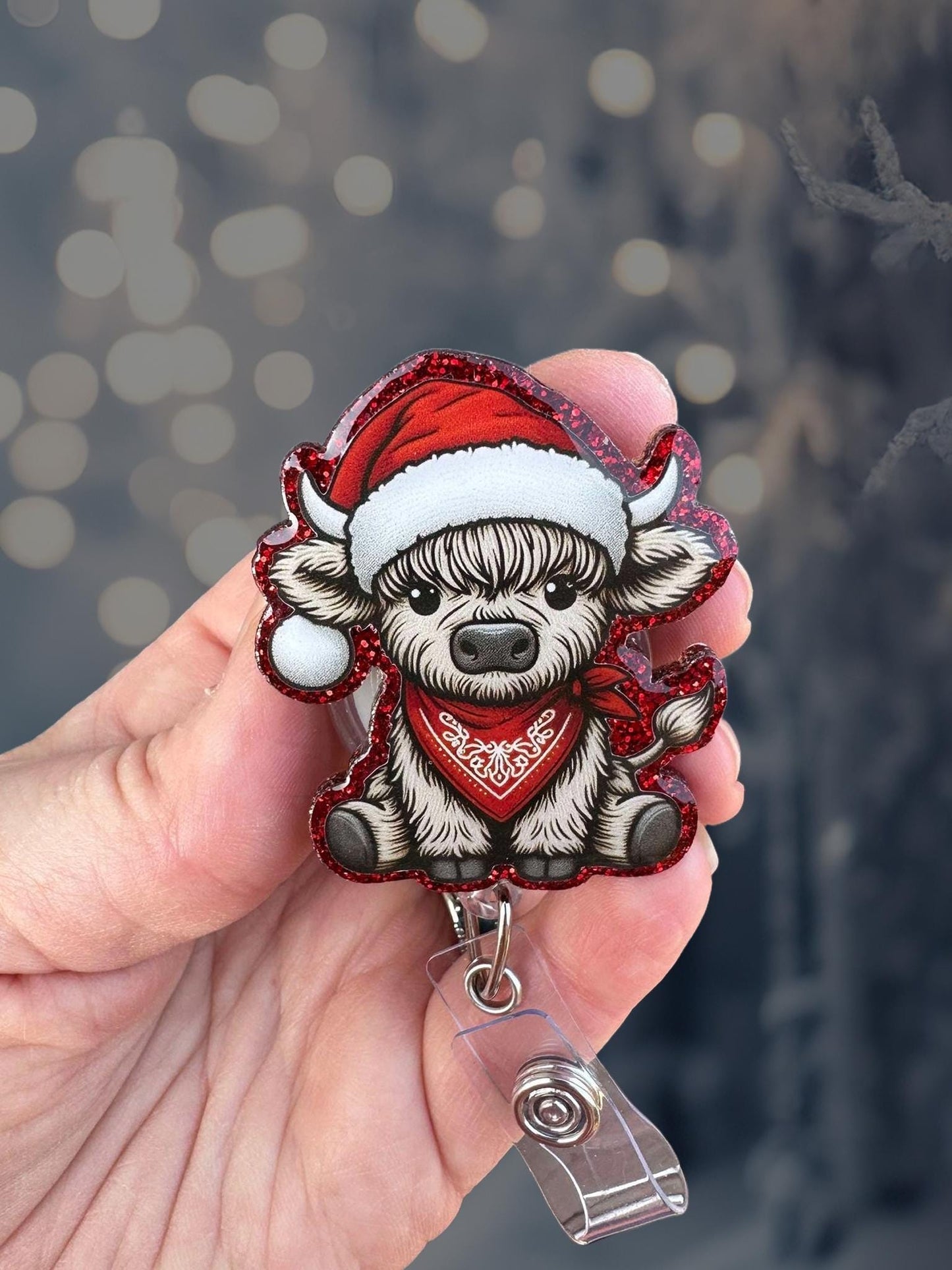 Christmas highland cow retractable badge reel