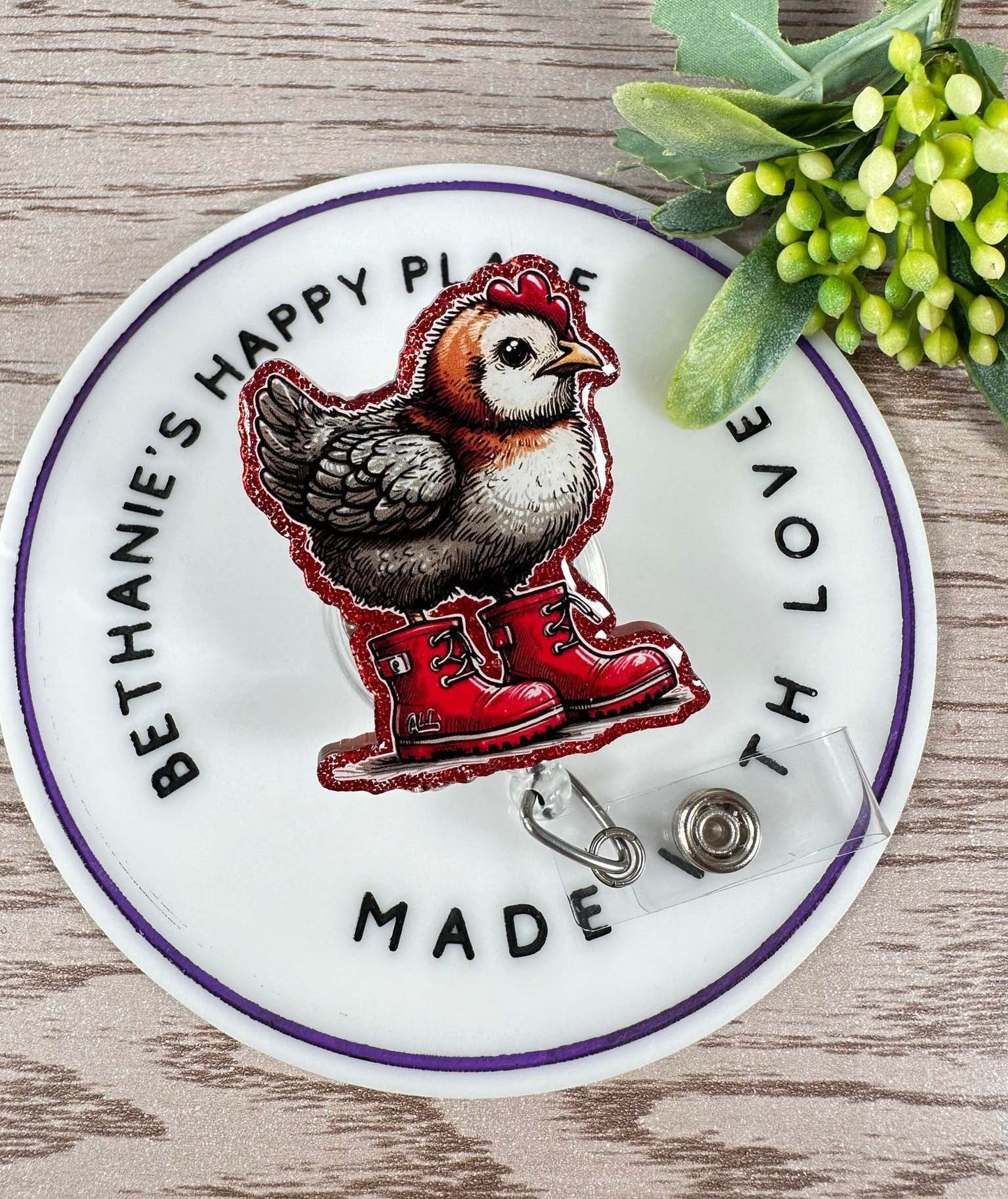 Chicken with boots retractable badge reel