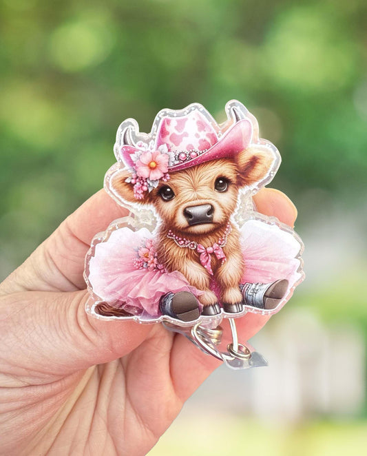 Pink cowgirl cow retractable badge reel