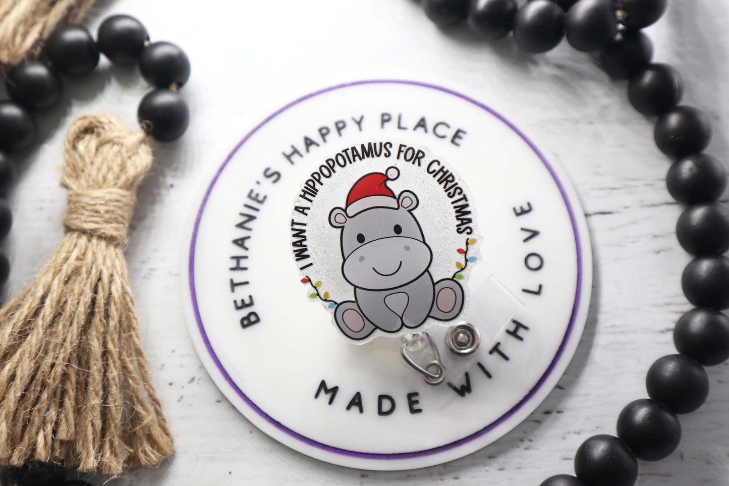 Christmas hippo badge reel
