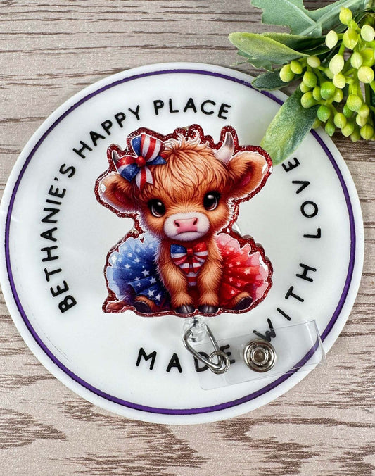 Patriotic highland cow retractable badge reel
