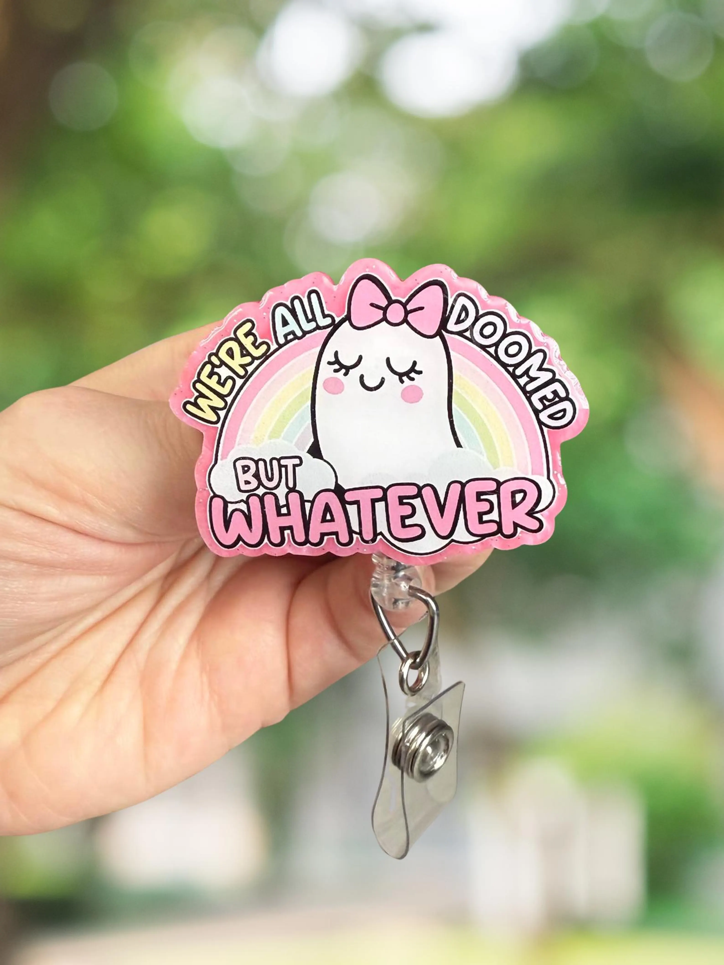 We're All Doomed but Whatever Ghost Retractable Badge Reel