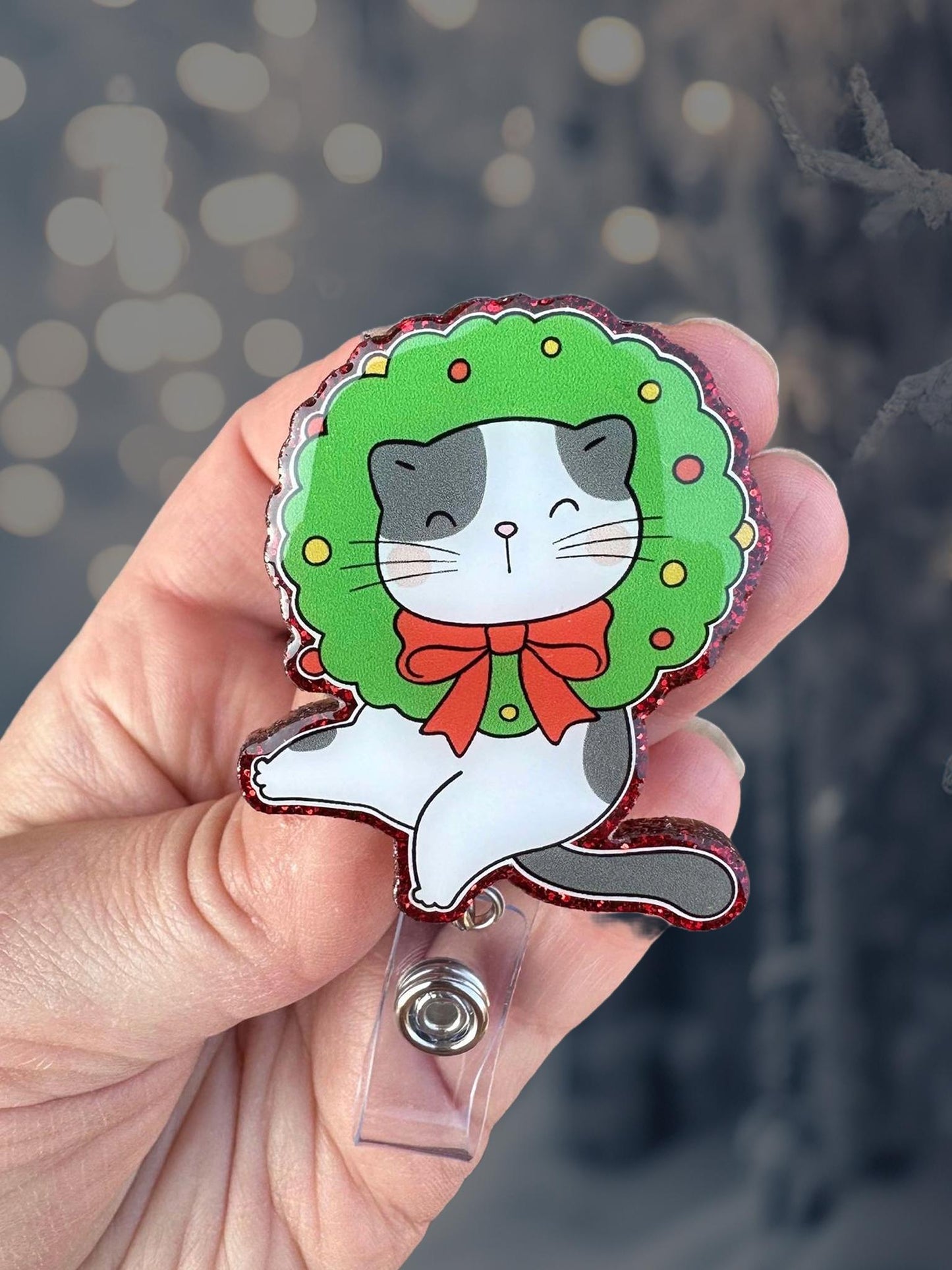 Christmas cat wreath retractable badge reel