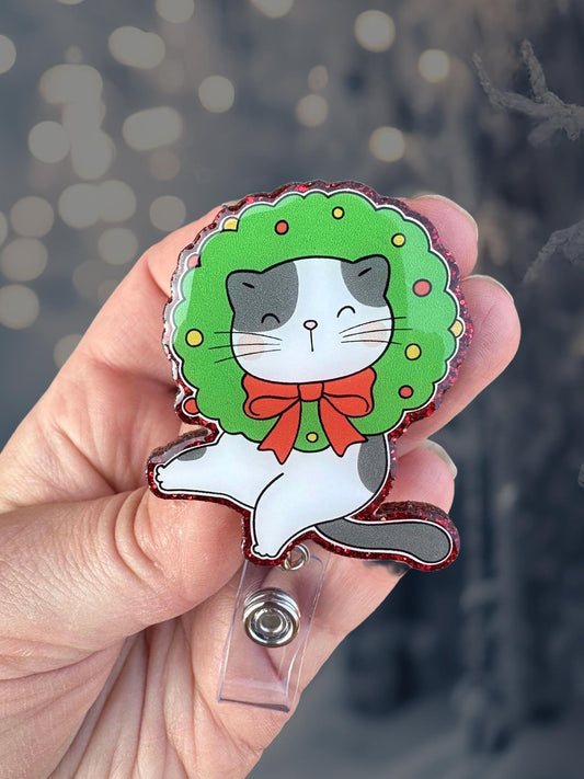 Christmas cat wreath retractable badge reel