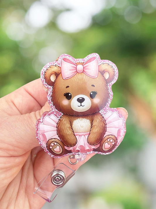 Teddy bear in tutu retractable badge reel