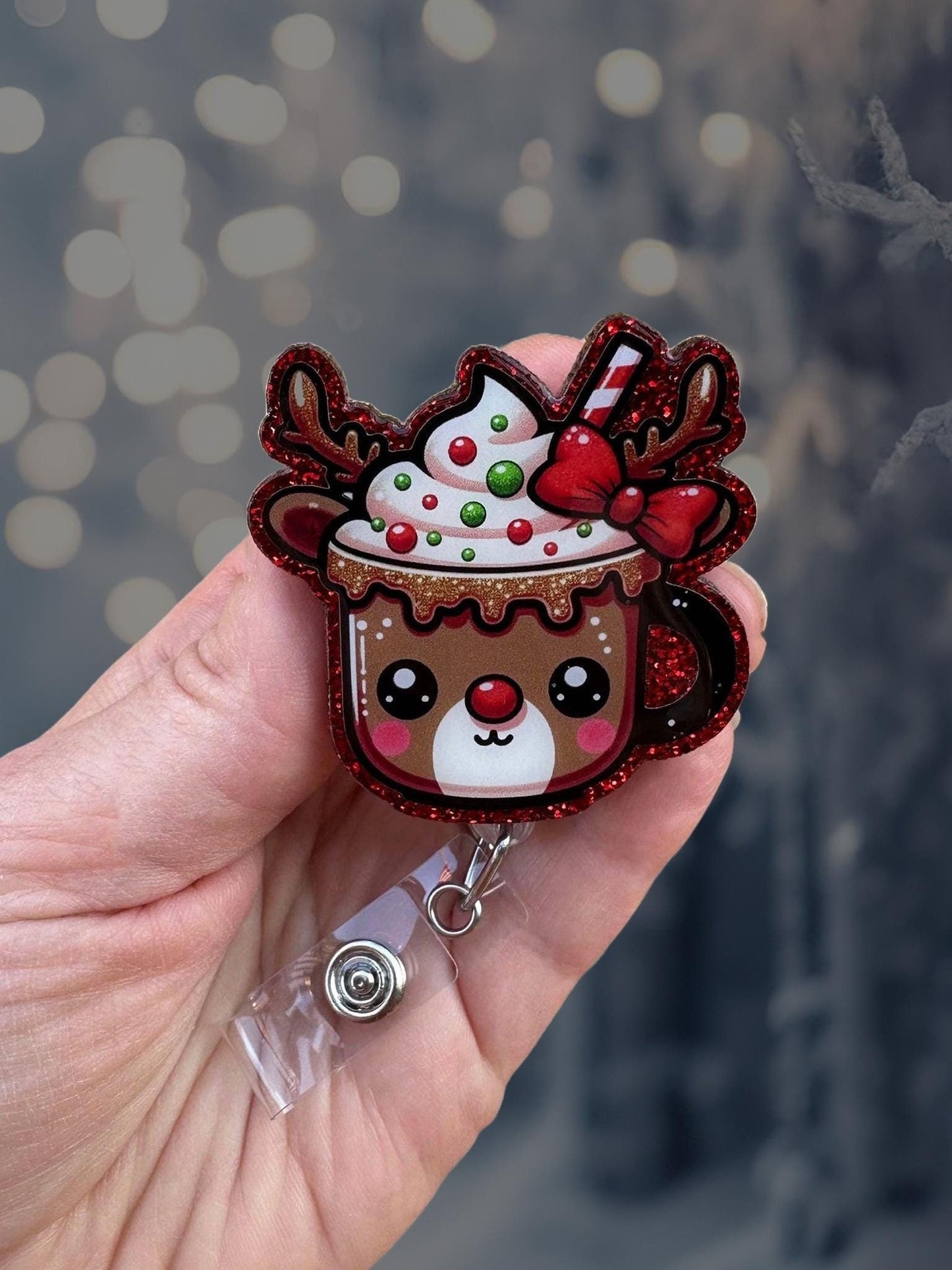 Christmas reindeer mug retractable badge reel