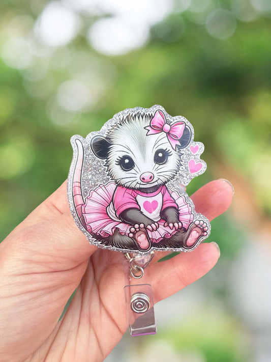 Opossum in tutu retractable badge reel
